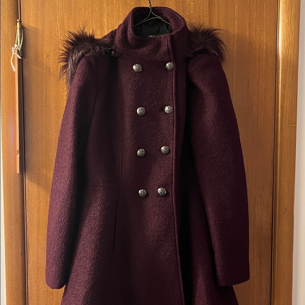 Liz Claiborne Double-Breasted Plum Coat with Fur Trimmed [zip-off] Hood - Picture 2 of 11